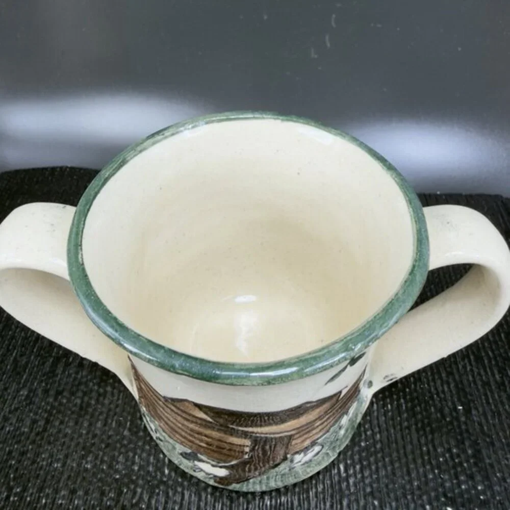 G Miller Signed Handcraft Art Pottery Double Handle Cup Mug Elephant Giraffe VTG